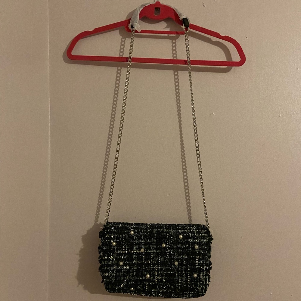 Tweed Black White and Blue Bag With Pearl Details